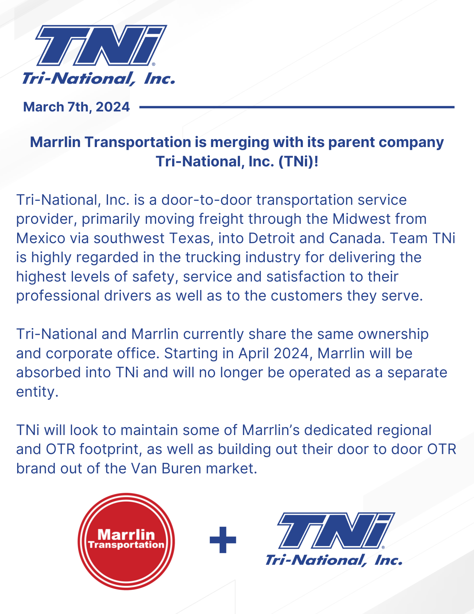 Tationil Injec Marrlin Transportation to Merge with Parent Company Tri-National, Inc ...
